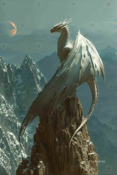 a white dragon sitting on top of a mountain