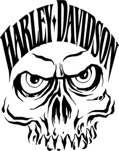 the logo for harley davidson's motorcycle shop, featuring an image of a skull with large eyes