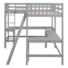 a metal bunk bed with stairs and desk underneath the ladders, on an isolated white background