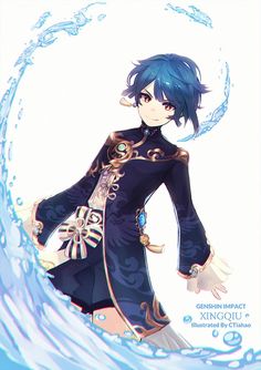 an anime character with blue hair standing in the water