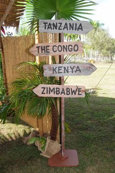 a wooden pole with several signs on it in the grass next to a palm tree