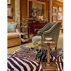 a living room with zebra print rugs and furniture in the background, including a chair