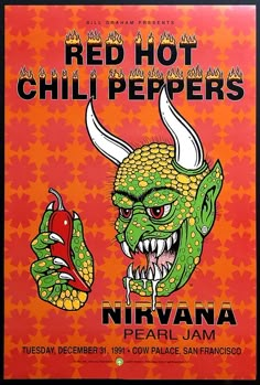 the poster for red hot chili peppers featuring a green monster holding a hot dog in its mouth