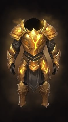 the armor is made up of gold and black metal, with yellow highlights on its chest