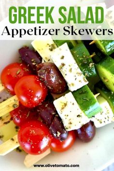 greek salad appetizer skewers with tomatoes, cucumbers and olives