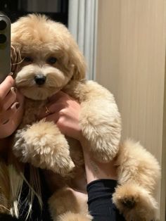 a woman holding a dog in her arms and taking a selfie with the phone