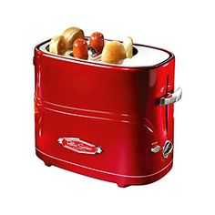 a red toaster with two hot dogs in it and the price is $ 29 00