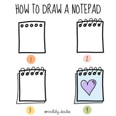 the steps to draw a notepad for kids with numbers and hearts on them, including one