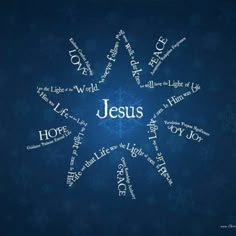 the word jesus written in different languages on a blue background with white snowflakes