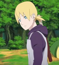 an anime character with blonde hair and blue eyes standing in front of green trees, looking at the camera