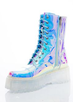 Multi Color Iridescent Combat Boot – Sparkl Fairy Couture Y2k Future, Persona Design, Iridescent Fashion, X Men Oc, Pink Combat Boots, Fairy Couture, Iridescent Shoes, Rave Shoes, Halloween Costume Makeup