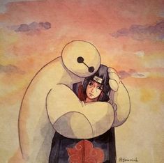 a painting of a woman hugging a giant teddy bear in front of an orange sky