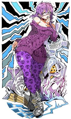 a drawing of a woman with purple hair and glasses on top of a skateboard