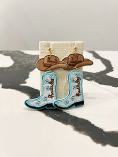 Handmade Seed Beed Cowboy Earrings Cowboy Hat Ornaments, Beaded Cowboy Hat, Cowboy Earrings, Hat Charms, Brown Cowboy Hat, Blue Boots, Cowboy Boot, Southern Charm, Earring Hooks