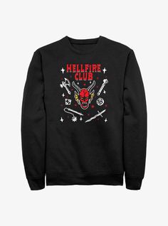 50% Cotton  50% PolyesterWash cold; dry lowImportedListed in men's sizes Stranger Things Experience, Stranger Things Sweatshirt, Stranger Things Hellfire Club, The Hellfire Club, Stranger Things Hellfire, Hellfire Club, Eddie Munson, Club Sweatshirts, Plus Size Fits