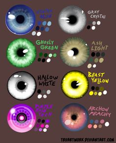 an assortment of different colored eyes with the names of each eyeball in front of them