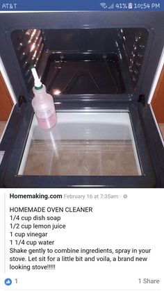 an open oven door with a pink bottle in the middle and instructions on how to clean it