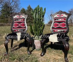 two chairs sitting next to each other with a cactus in the middle and another chair behind them