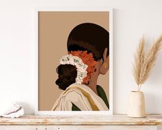 a woman with flowers in her hair is shown on a shelf next to a plant