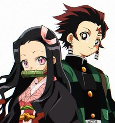 two anime characters are standing next to each other with long black hair and green eyes