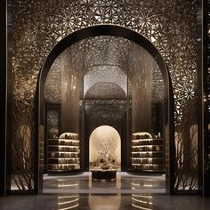 the entrance to an elegant wine cellar