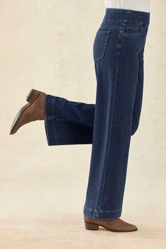 A fresh new style in our so-comfortable knit denim, updated with a modern leg shape. Our wide-leg jeans feature a flat pull-on waistband, with faux fly and 5-pocket styling. Pull On Jeans For Women, Wide Leg Jeans Shoes, Knit Denim, Pull On Jeans, Jeans For Women, Shoes With Jeans, Wide Leg Denim, Wide Leg Jeans, New Style