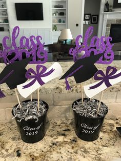 two graduation cupcakes with purple and black decorations on them, sitting in front of a granite counter top