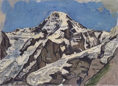 a painting of snow covered mountains with blue sky in the backgrounds