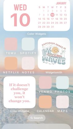 the beach calendar is shown with different colors and font options for each month on it