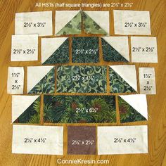 a quilted christmas tree is shown with the measurements for each piece in front of it