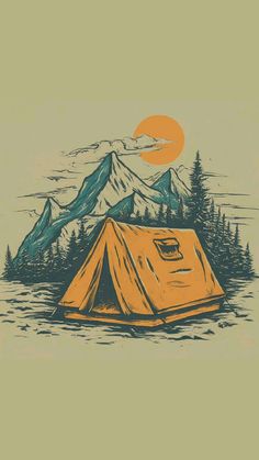 an orange tent sitting in the middle of a lake with mountains and trees behind it