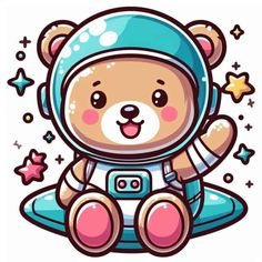 a teddy bear wearing an astronaut's outfit sitting on top of a blue object