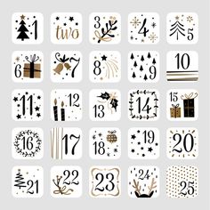 a calendar with numbers and symbols for the new year in gold, black and white