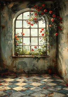 a painting of a window with roses growing out of it and the sun shining through