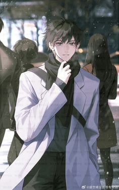 an anime character is standing in the snow with his hand on his face and looking at something