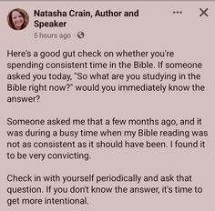 a text message that reads, nathan crain author and speaker she's a good gutt check on whether you're spending constant time in the bible if