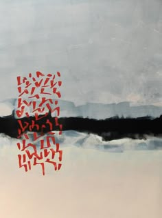 an abstract painting with red and black letters on the bottom half of it, against a gray background