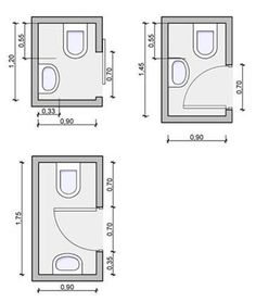 the measurements for a toilet and sink are shown in three different sizes, including one with an open door