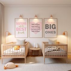 two baby cribs in a white room with posters on the wall above them