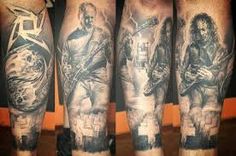 three different tattoos on the legs of people with guitar and rock band artwork in them