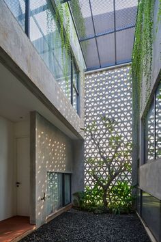 the inside of a building with plants growing out of it