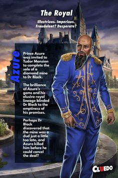 a man in blue suit standing next to a castle with the caption's name on it