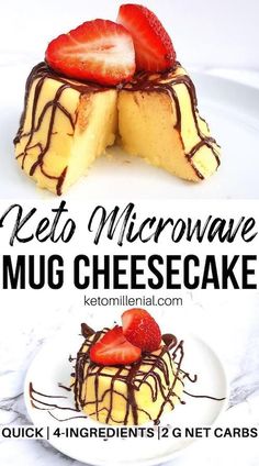 easy keto mug cheesecake with strawberries on top and chocolate drizzle