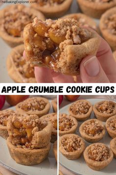 an apple crumble cookie cups is being held up to show the inside and outside