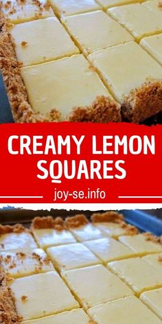 this is an image of homemade creamy lemon squares for desserts or dessert bars that are easy to make and delicious