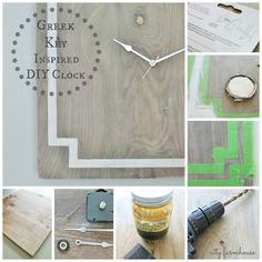 a collage of photos showing the process of making a diy clock from scrap wood