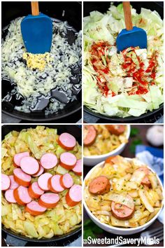 four pictures showing different types of food being cooked in the same pan as shown above