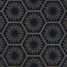 a black and gold geometric pattern with sunbursts in the center on a dark background