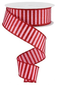 a red and white striped ribbon with pink stripes on the side, in two different sizes