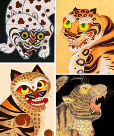 four pictures of cats with different designs on them